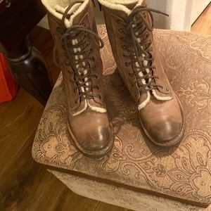 Unique brown leather side zip & lace mid-calf boots. Face brand